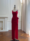Niulatu Red Spaghetti Straps Sheath Slit Evening Dress Pleated Prom Dress With Flower HZ1007