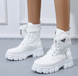 Niulatu Punk Ankle Platform Motorcycle Martin Boots Women Lace Up Chunky Heel Belt Buckle Pocket Designer Shoes Women DJSE