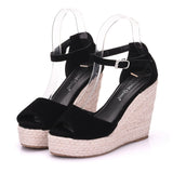 Niulatu Shoes For Women Retro Open Toe Ankle Platform Beach White Sandals Plus Size Weave High Heels Buckle-Strap Roman Shoe DJSE