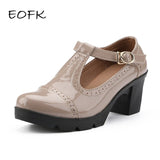 Niulatu Women High Heel Pumps Shoes Lady T Strap Genuine Leather Square Heel Shinny Patent Leather Black High (5cm-8cm) Round Toe DJSE