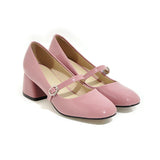Niulatu Women Shoes High Heels Mary Janes Shoes Patent Leather Thick Heel Pumps Buckle Square Toe Female Footwear White DJSE