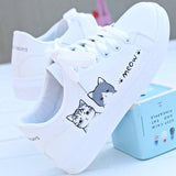 Niulatu 2025 New Fashion Lace-up Women Sneakers Woman Casual Shoes Printed Summer Women's Pu Shoes Cute Cat Canvas White Shoe DJSE