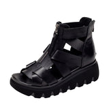 Niulatu Women Summer Sandals Mid Heels Wedges Shoes Ladies Vintage Genuine Leather Sandals DJSE
