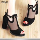 Niulatu Women Pumps High Thick Black Heels Ladies Shoes Rivet Mesh Zipper Open Toe Casual Party Wedding Platform Chunky Sandal DJSE