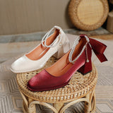 Niulatu Bride Shoes Women Sandal Mary Jane Red Style Wedding Designer Flat Pearl Decoration Mid-Heel Chaussure Luxury Pump DJSE
