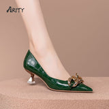 Niulatu Women Shoes Pumps All-match Low Kitten Heel Pointed Toe Metal Chain Woman Pumps OL Black Soft Leather Work Dress Shoes DJSE