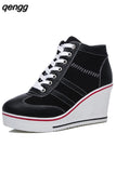Niulatu Women Wedge Mesh Platform Casual Sneakers Side Zip Lace Cake Heel Booties 8cm Height Increased Canvas Stitching Color Shoes DJSE