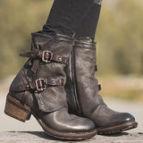 Niulatu Women Shoes Motorcycle Boots Autumn Platform Low Square Heel Round Toe Ankle Buckle Handmade Sewing Punk Cool Ladies Female DJSE