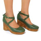 Niulatu Women Pumps Brown Punk Chunky Platform Mary Jane Shoes High Heels Cross-tied Pu Round Toe Buckle Plus Size Goth Shoes DJSE