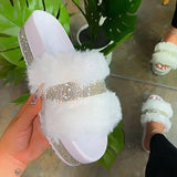 Niulatu Women Fur Rhinestone Slippers Platform Wedges Heel Solid Fluffy Furry Slides Outside Sexy Shoes Ladies Whosale DJSE