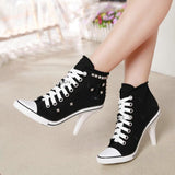 Niulatu Women Canvas Shoes Denim High Heels Black Rivets Shoes Fashion Shoe Laces Sneakers Women Short Boots DJSE