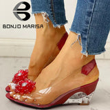 Niulatu Size 34-43 Hot Sale INS Hot Transparent Flat Sandals Shoes Woman Elegant Flowers Wedges Sandals Women DJSE