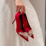 Niulatu Women Bridal Shoes Wedding Shoes High Heels Satin Silk Pumps Female Stiletto Luxurious Pointed Diamond Party Shoes DJSE