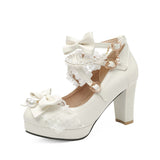 Niulatu Japanese Pearl Bow Jk Sweet Cute Strap Super High Heeled Round Head Student Shoes Kawaii Girl Tea Party Cos Loli Vintage DJSE