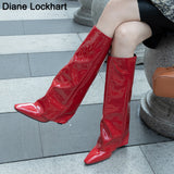 Niulatu Women Loose Boots Fold Knee High Boot Female Pointed Toe Riding Wedges Long Boot Woman Slim Pleated Shoes Luxury Brand Designer DJSE