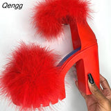 Niulatu college Women Sandals Fluffy High Heels Summer Fur Shoes 2025 Casual Ankle Buckle Fashion Shoes Non-Slip Outside Sandals Big Size 43 DJSE
