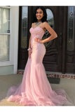 Classy Pink Sweetheart Sleeveless Lace Mermaid Prom Dresses with Train Evening Dresses Graduation Dress HZ1214