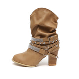 Niulatu Boots Women Autumn Winter Retro PU leather Shiny Rivets Heel Half Boots Winter Shoes Women Botines Mujer 2025 DJSE