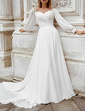 Niulatu Fall Wedding Dresses A-Line Off Shoulder Long Sleeve Court Train Chiffon Bridal Gowns With Appliques Solid HZ1007
