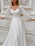 Niulatu Fall Wedding Dresses A-Line Off Shoulder Long Sleeve Court Train Chiffon Bridal Gowns With Appliques Solid HZ1007