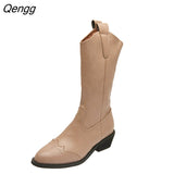 Niulatu Autum Women Knee High Boots Mid-Calf Heels Cowboy Boots Women Pointed Toe Shoes Female Winter Zipper Boots Plus Size DJSE