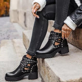 Niulatu Boots Ladies Leather Ankle Boots Spring Autumn Thick Sole Biker Shoes Ladies Punk Pearl Rivet Shoes Large Size DJSE