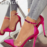 Niulatu Women's High-heeled Shoes New Toe Monochrome Belt Buckle Fashion Single Shoes Pink Black Apricot Size 34 And 43 DJSE