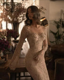 Ethereal Wedding Dress Sheath V Neck Lace Long Sleeves White Wedding Dresses Bridal Gowns HZ1214