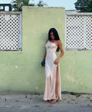 Niulatu A Line Spaghetti Strap Lace Satin Party Dress Wedding Guest Dress with Slit HZ0113