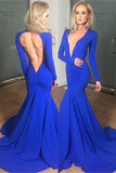 Niulatu Regal Sapphire Long Sleeve Deep V-Neck Open Back Mermaid HZ1007