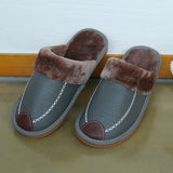 Niulatu Men Winter Leather Slippers Bedroom Cotton Slippers Male Waterproof Thick Plus Velvet Indoor Warm House Home Slippers Shoes DJSE