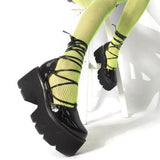 Niulatu to College Round Toe Heart Print Ankle Strap Chunky Goth Platform Women Shoes Trendy Punk Marry Janes Pumps Square Heels Street Style DJSE