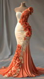 Niulatu Peony Flower Appliques Chiffon Prom Dress Mermaid Long Evening Dress HZ1007