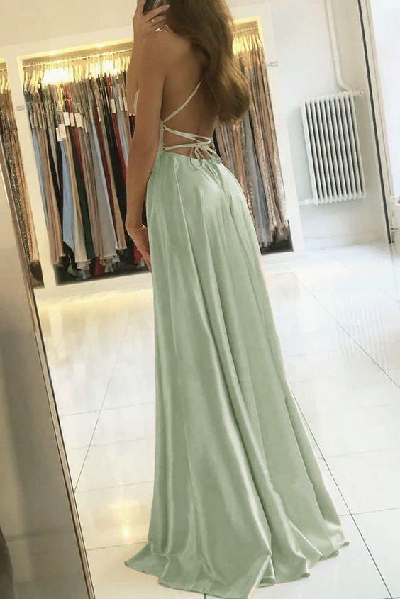 Niulatu A Line Sage Green Long Prom Dress With Slit Evening Party Dress HZ0113