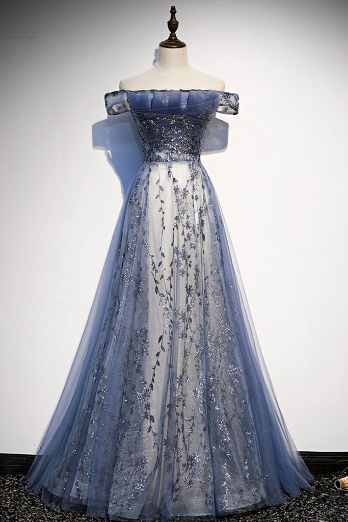 Niulatu Blue Tulle Off Shoulder A Line Long Prom Dress, Evening Dress With Sleeve HZ0113