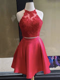 Niulatu Two Pieces A-line Halter Lace Satin Formal Prom Homecoming HZ1007