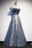 Niulatu Blue Tulle Off Shoulder A Line Long Prom Dress, Evening Dress With Sleeve HZ0113