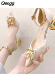 Niulatu High Heels Pumps Women Elegant Pearl Buckle Square Heels Wedding Party Shoes Ladies Pointed Toe Ankle Strap Pumps DJSE