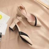 Niulatu Women Classic Pointed Toe High Quality Black Leather Buckle Strap Square Heel Shoes Lady Office Pumps Sapatos Femininas G288 DJSE