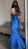 Niulatu Blue Print Mermaid Long Evening Dress Prom Dress HZ1007