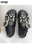 Niulatu Women Slippers Platform Rivets Punk Rock Leather Mules Creative Metal Fittings Casual Party Shoes Female Outdoor Slides DJSE