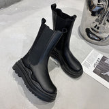 Niulatu Newest Genuine Leather Boots Women Stretch Platform Chelsea Thick Sole Female Shoes Mid Calf Square Toe Botas DJSE
