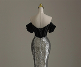 Niulatu Silver Mermaid Sequins Off the Shoulder Beading Prom Dress Evening Dress HZ1007