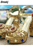 Niulatu Women Chunky High Heels Shoes Platform Sandals For Women Rhinestone Metallic Gold Leather Shoes Woman Peep Toe Wedding Shoes DJSE