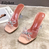 Niulatu PVC Transparent Crystal Sun Flowers Buckle Womens Slippers Summer Square Toe Ladies Strange High Heels Sandals Shoes DJSE