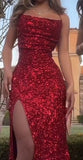 Niulatu Sheath Spaghetti Straps Slit Red Sequin Prom Dresses Evening Dress HZ1110