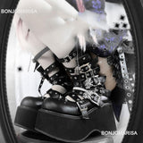 Niulatu Women Goth Platform Mid Calf Boots Wedges Heeled Cospaly Autumn Combat Boots Design Luxury Motorcycle Boots Shoes DJSE