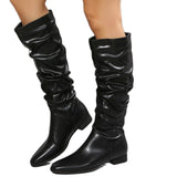 Niulatu Women 2025 Spring Knee High Boots Red Black White Tall Boots Woman Pleated Low Heel Casual Leather Female Long Shoes DJSE