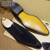 Niulatu Men Oxford Shoes Lace up Split Toe Coffee Black Formal Men Dress Shoes Suede Patchwork Crocodile prints Leather Shoes Men DJSE
