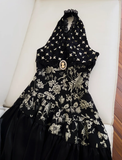 Niulatu Black Halter Satin Print Floral Sequins Evening Dress Long ALine Prom Dress HZ1007